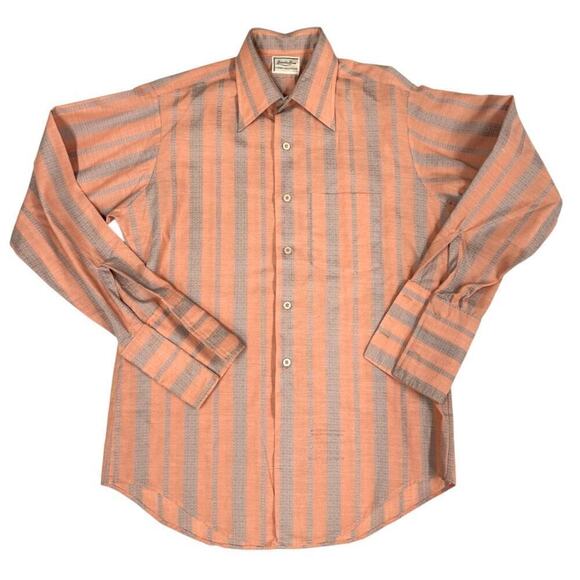VTG 70s Hampshire House Van Heusen MensShirt orange Gray Striped M/L Huge Collar